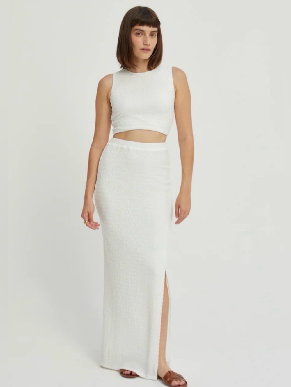 Crescent White Textured Maxi Skirt with Side Slit